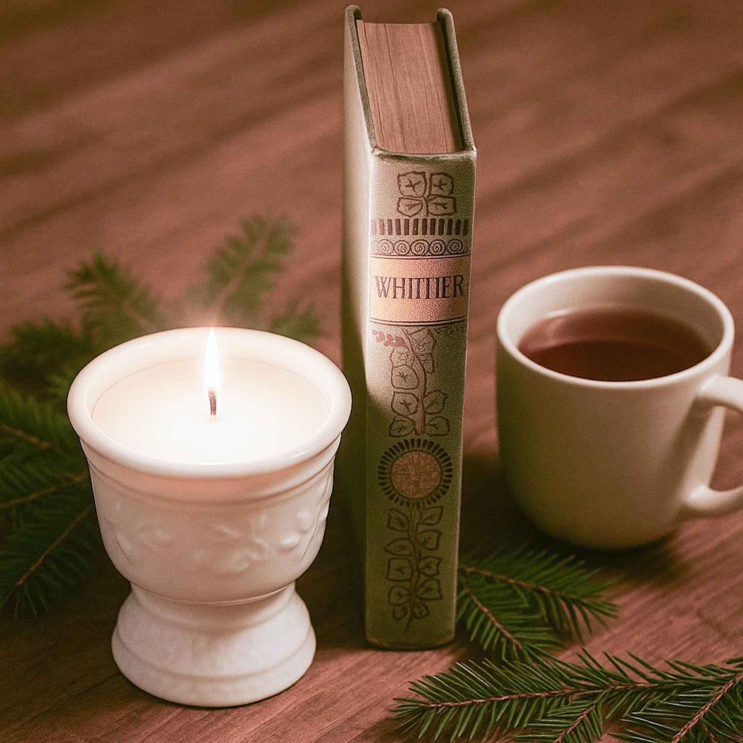 Candlelit Christmas Classics Gift Set – Vintage Milk Glass Candle, Antique Whittier Book