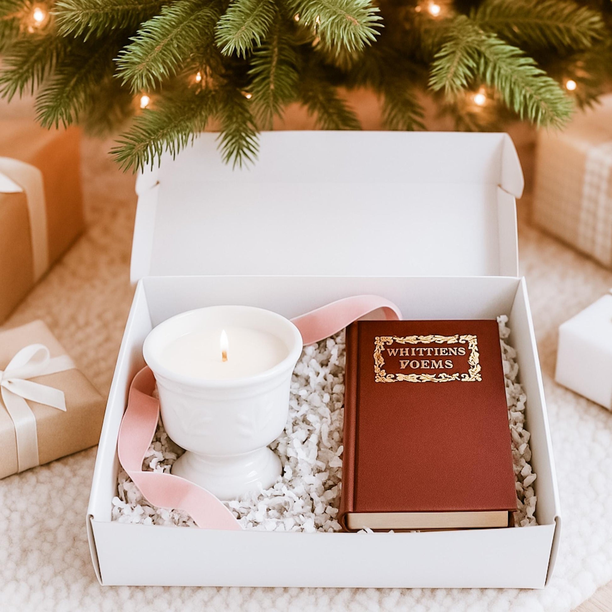 Candlelit Christmas Classics Gift Set – Vintage Milk Glass Candle, Antique Whittier Book