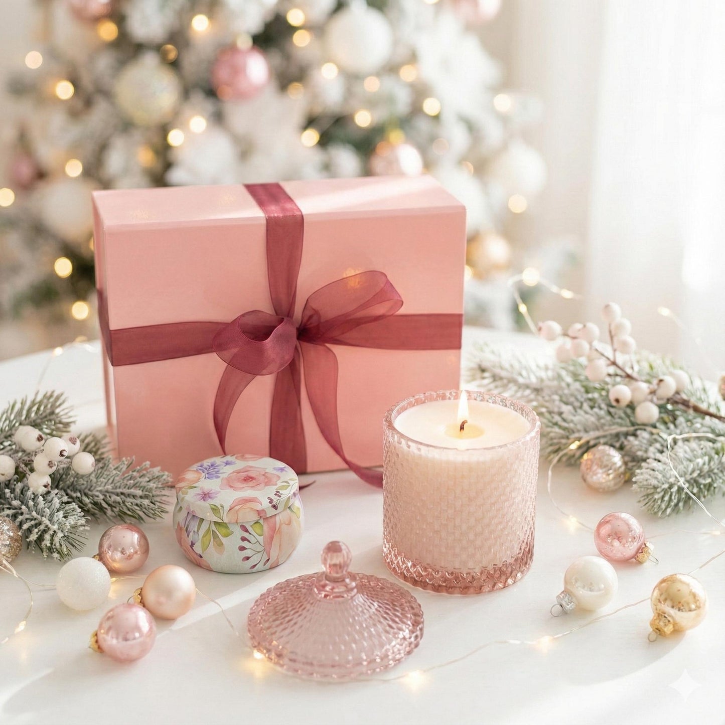 Holiday Candle Gift Set – Pink Vintage-Inspired Jar + Mini Floral Tin