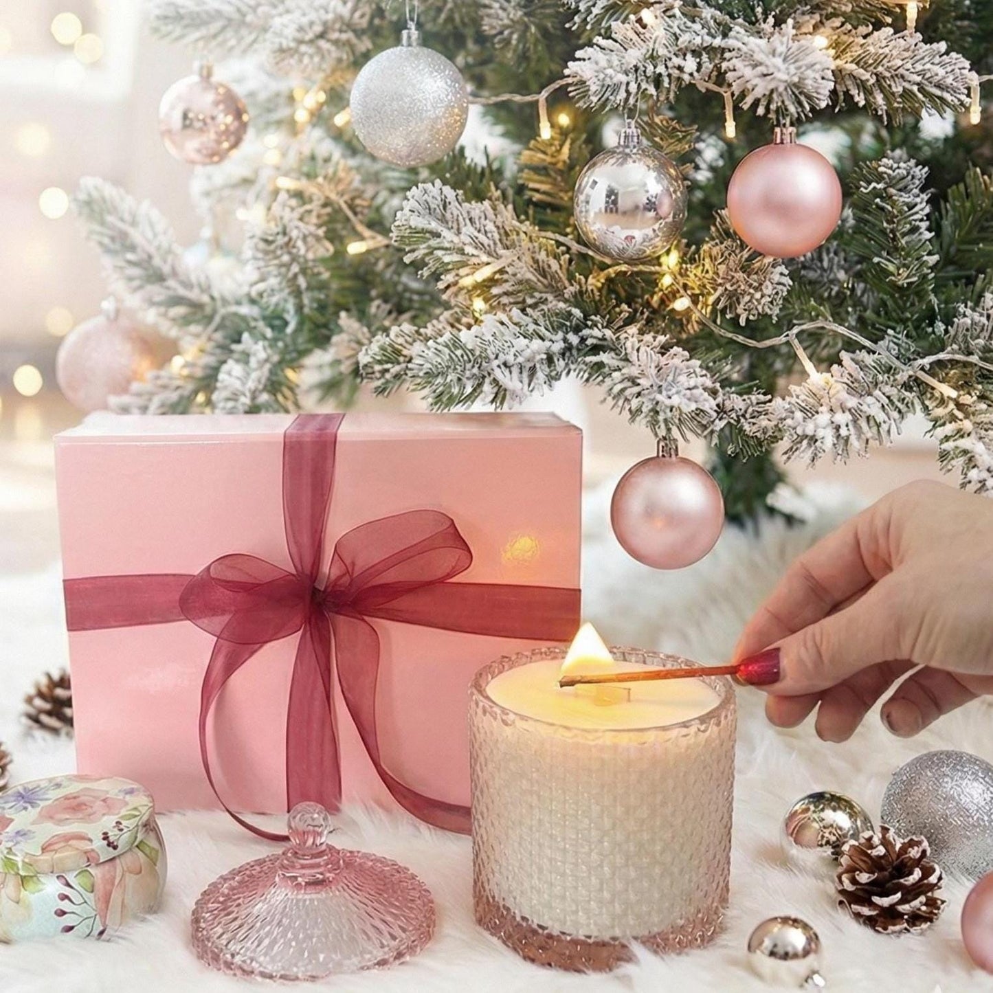 Holiday Candle Gift Set – Pink Vintage-Inspired Jar + Mini Floral Tin