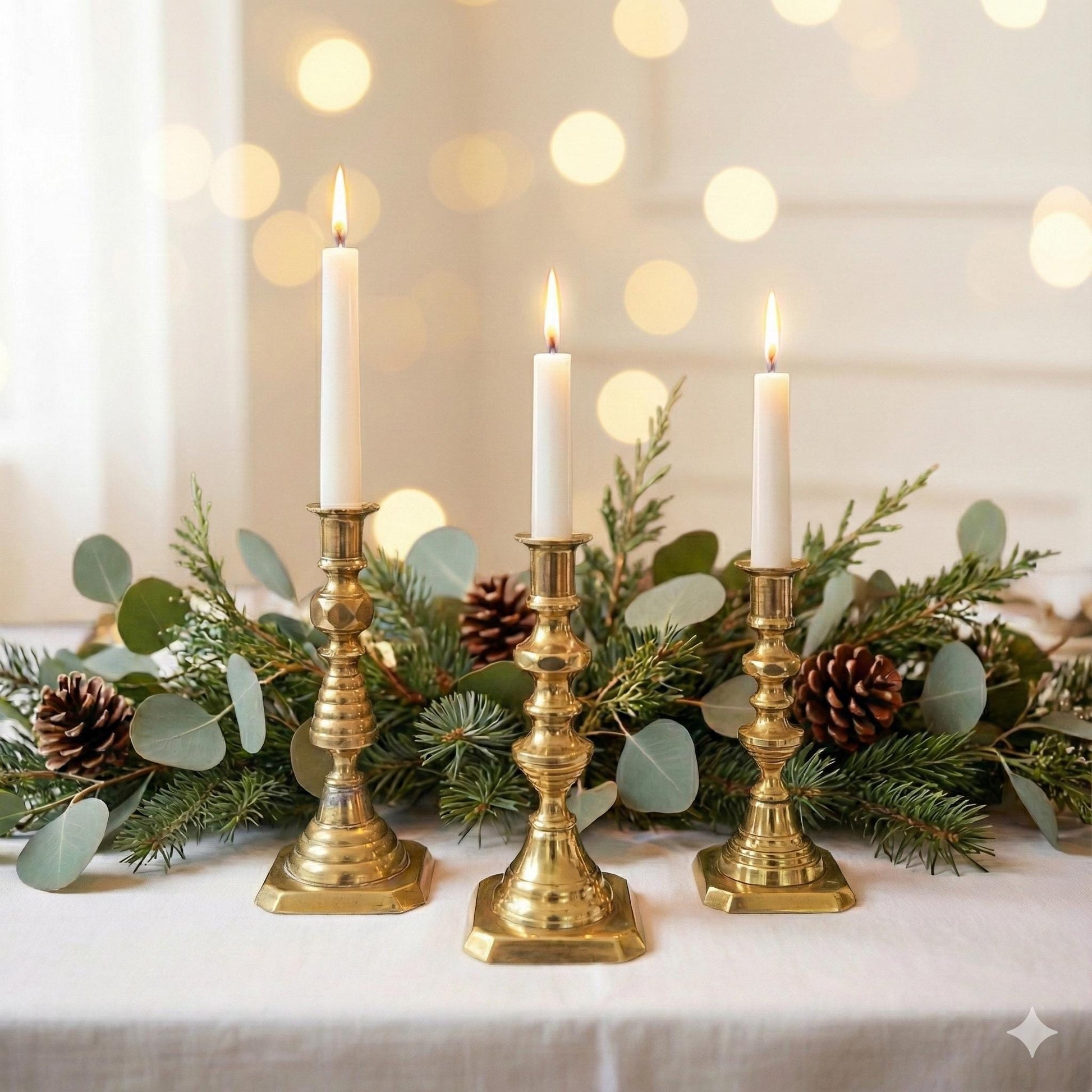 Vintage Brass Candlestick Holders, Set of Three, Holiday Decor