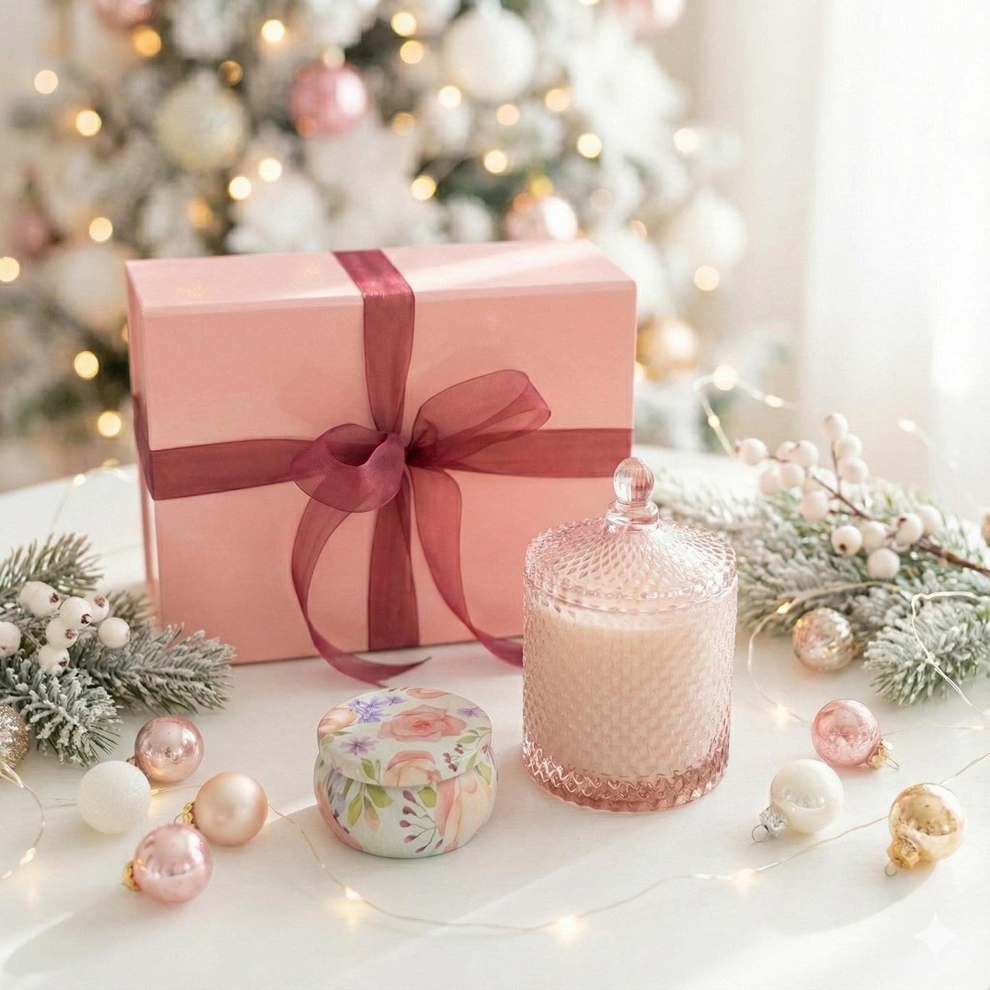 Holiday Candle Gift Set – Pink Vintage-Inspired Jar + Mini Floral Tin