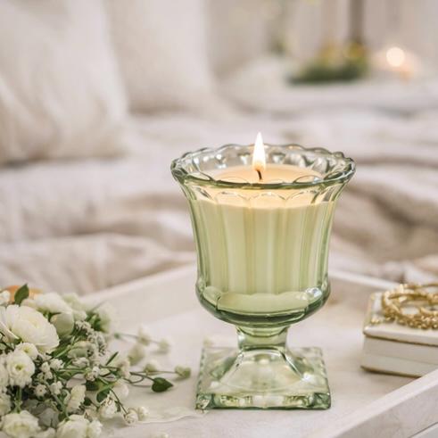 Vintage Olive Green Glass Candle - Cypress and Bayberry Scented Soy Candle