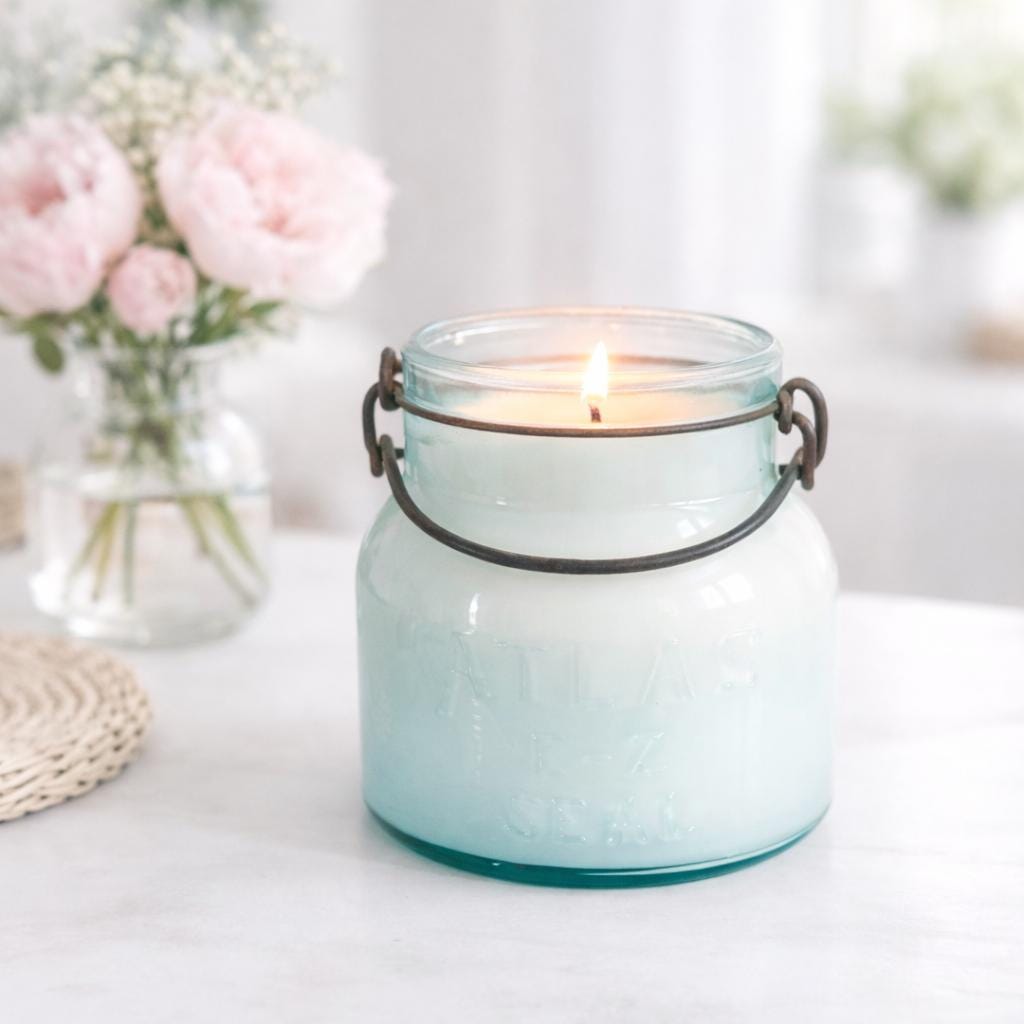 Vintage Atlas E-Z Seal Jar Candle with Glass Lid, Cottage Decor