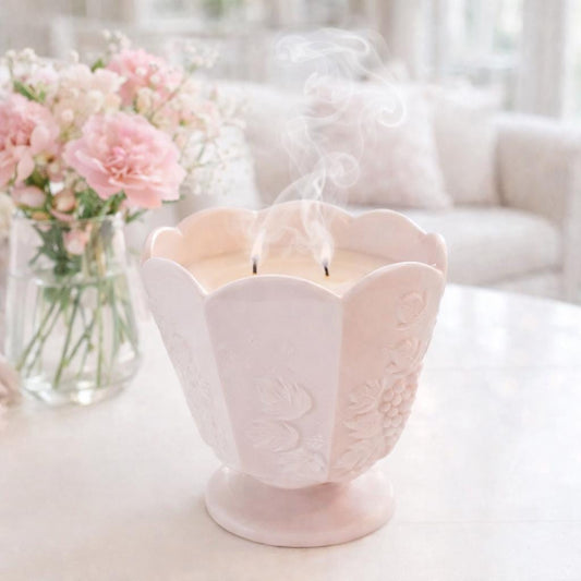 Vintage Pink Milk Glass Candle | Lavender Vanilla & Moonflower Scents