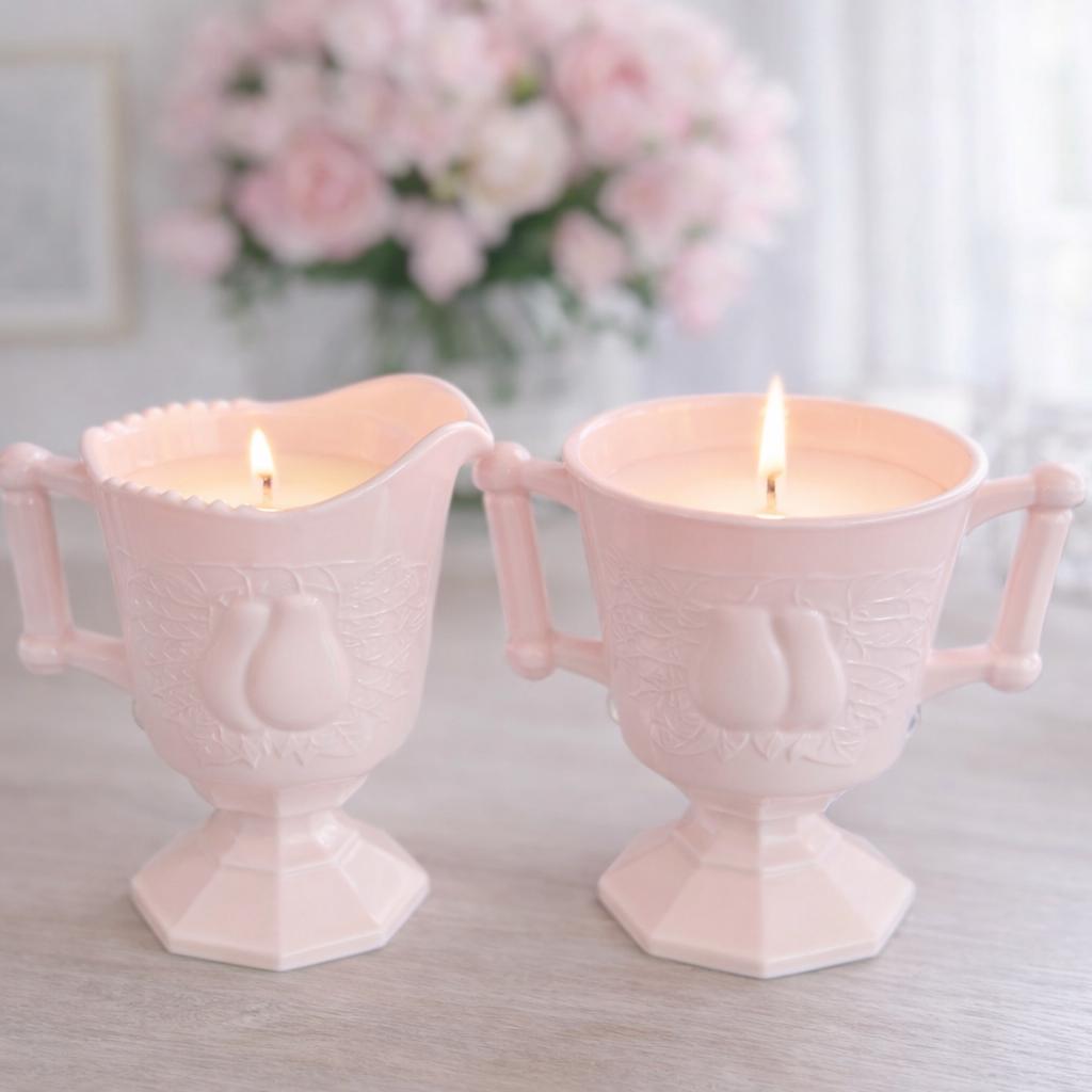Wild Pear & Honey Soy Candle Set in Vintage Pink Milk Glass