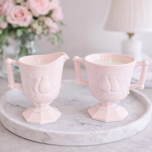 Wild Pear & Honey Soy Candle Set in Vintage Pink Milk Glass