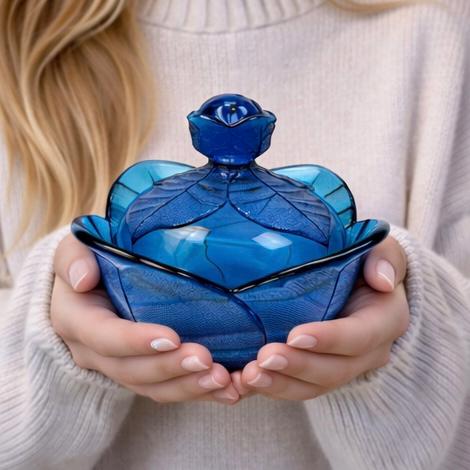 Soy Candle in Vintage Blue Viking Leaf Candy Dish with Lid