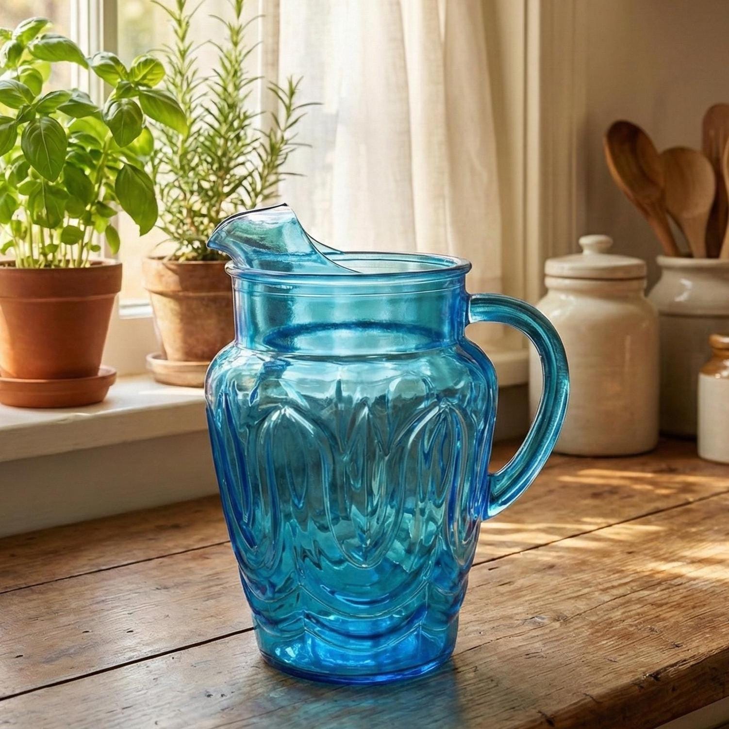 Vintage Anchor Hocking Blue Tulip Glass Pitcher - 1960s Retro Barware