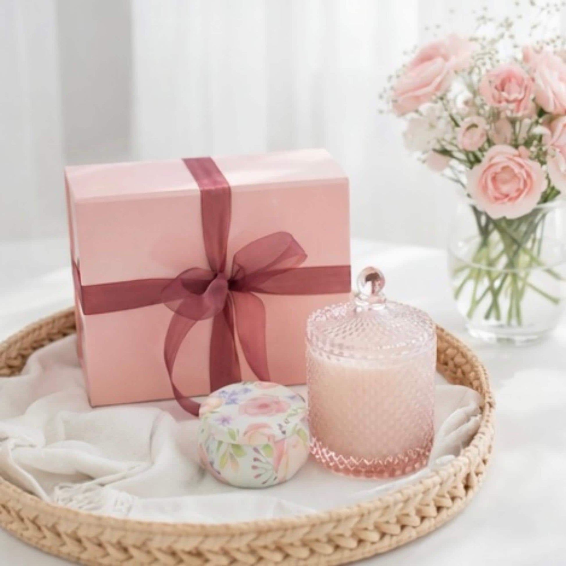 Holiday Candle Gift Set – Pink Vintage-Inspired Jar + Mini Floral Tin
