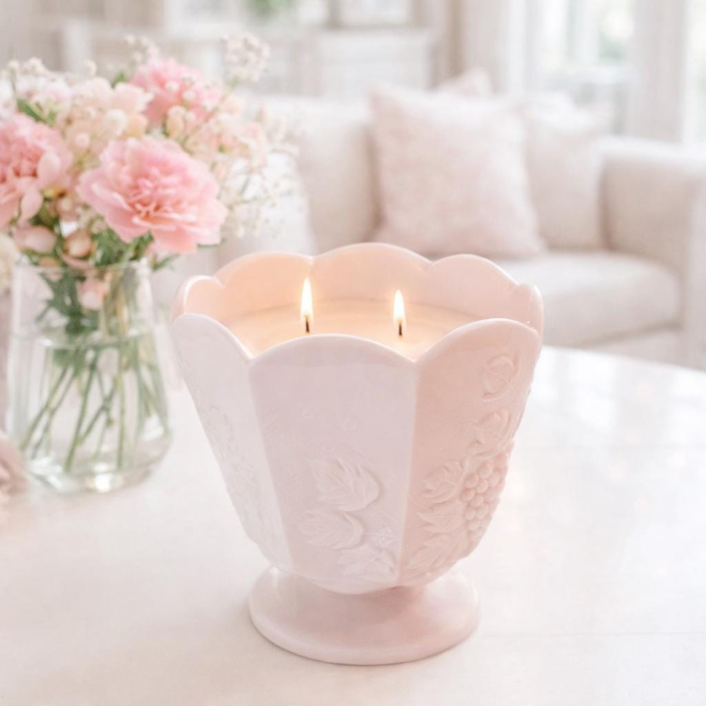 Vintage Pink Milk Glass Candle | Lavender Vanilla & Moonflower Scents