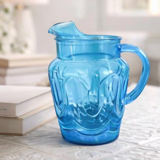 Vintage Anchor Hocking Blue Tulip Glass Pitcher - 1960s Retro Barware