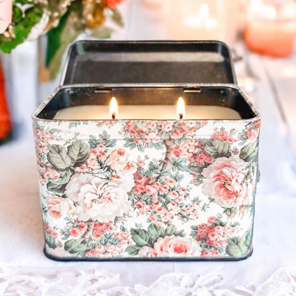 Vintage Floral Tea Tin Candle, Birthday Gift for Her