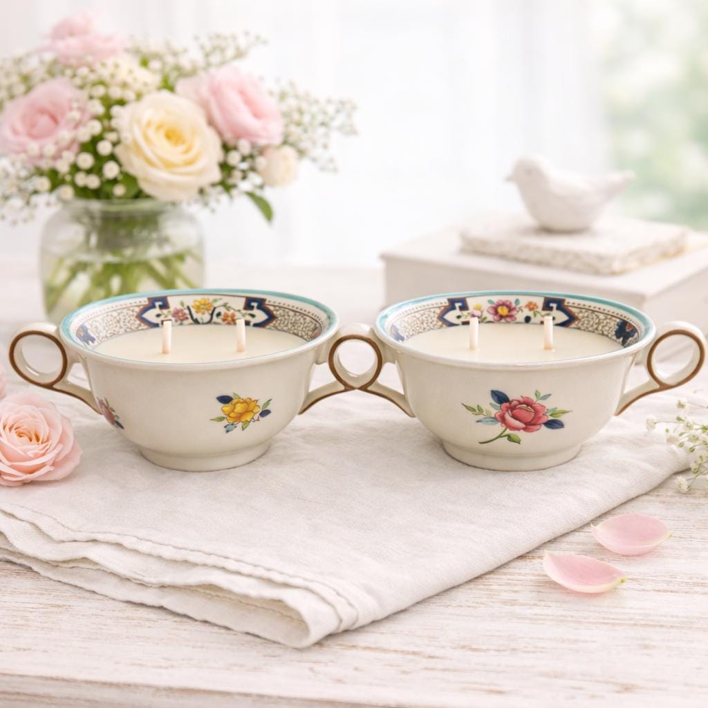 Vintage Floral China Candle, Cottagecore Spring Decor