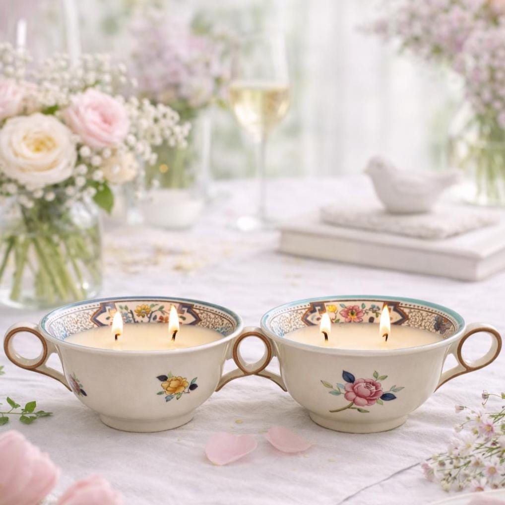 Vintage Floral China Candle, Cottagecore Spring Decor