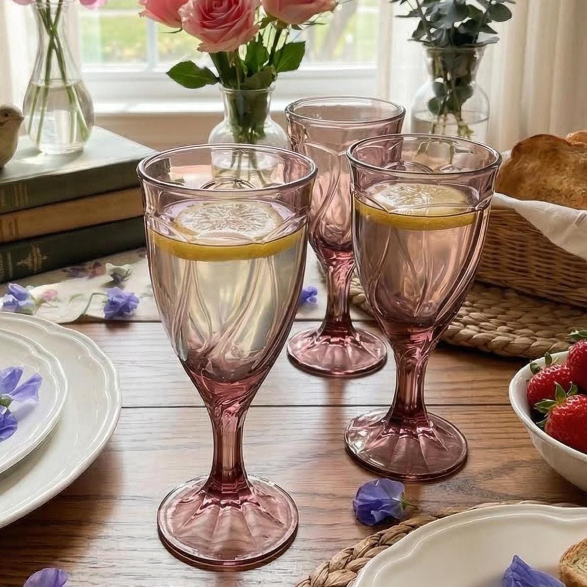Noritake Sweet Swirl Amethyst Wine Glasses, Set of 2, Pressed Glass