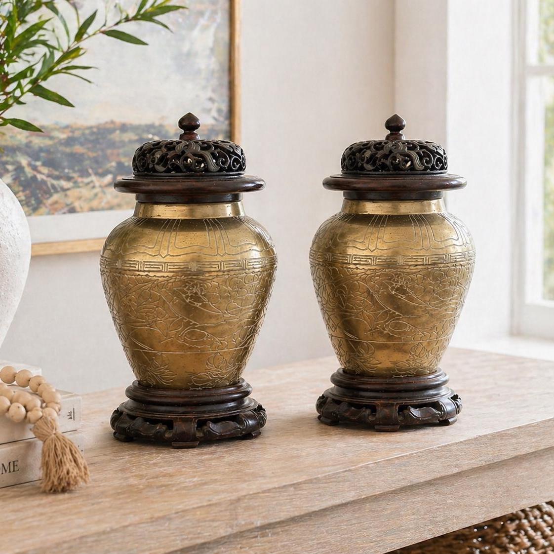 Vintage Chinese Solid Brass Urn Vase, Engraved Dragon Bird Floral Design, Collectible Gift