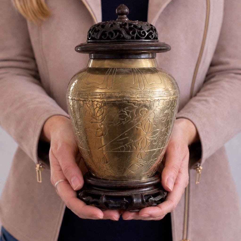Vintage Chinese Solid Brass Urn Vase, Engraved Dragon Bird Floral Design, Collectible Gift