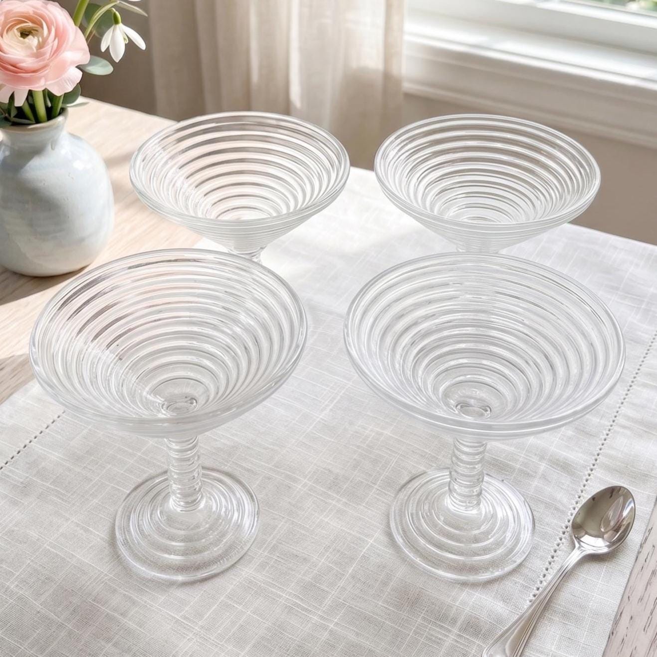 Anchor Hocking Manhattan Clear Glass Compotes, Set of 4, Depression Glass Dessert Dishes, Bar Cart Decor