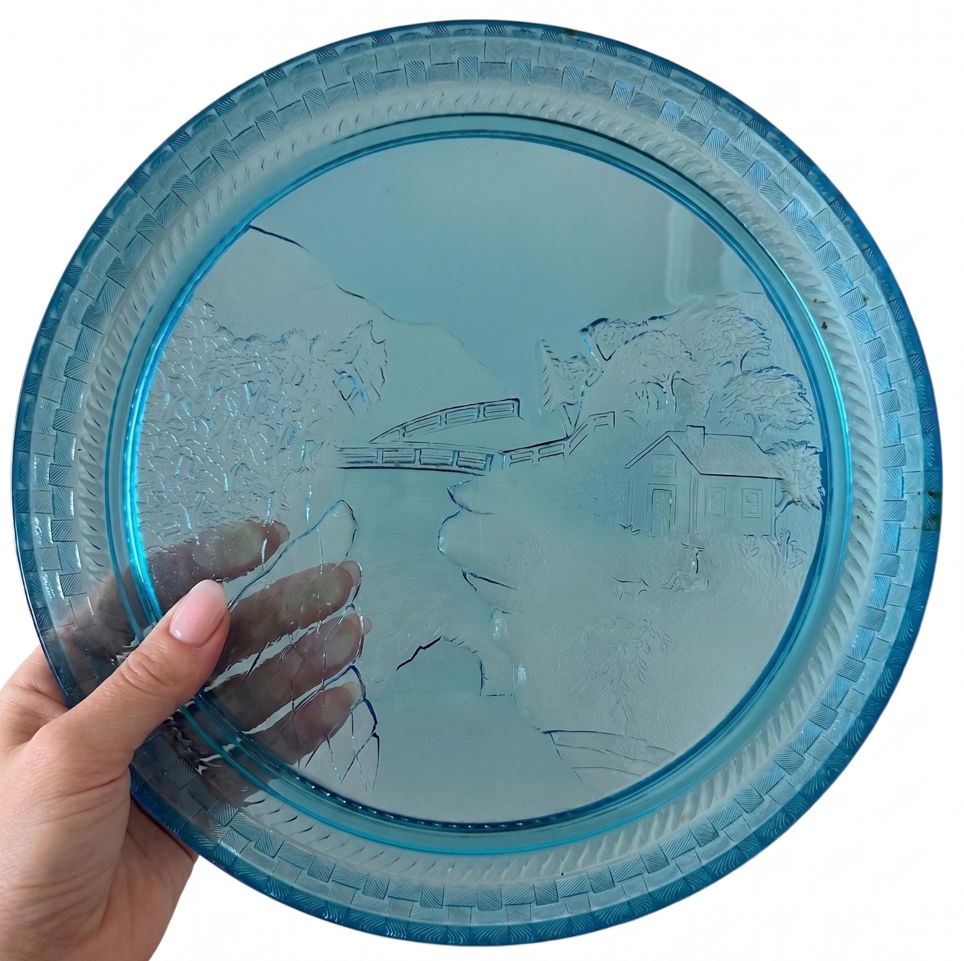 Antique Blue EAPG Glass Tray: Co-operative Flint Basketweave, 1886