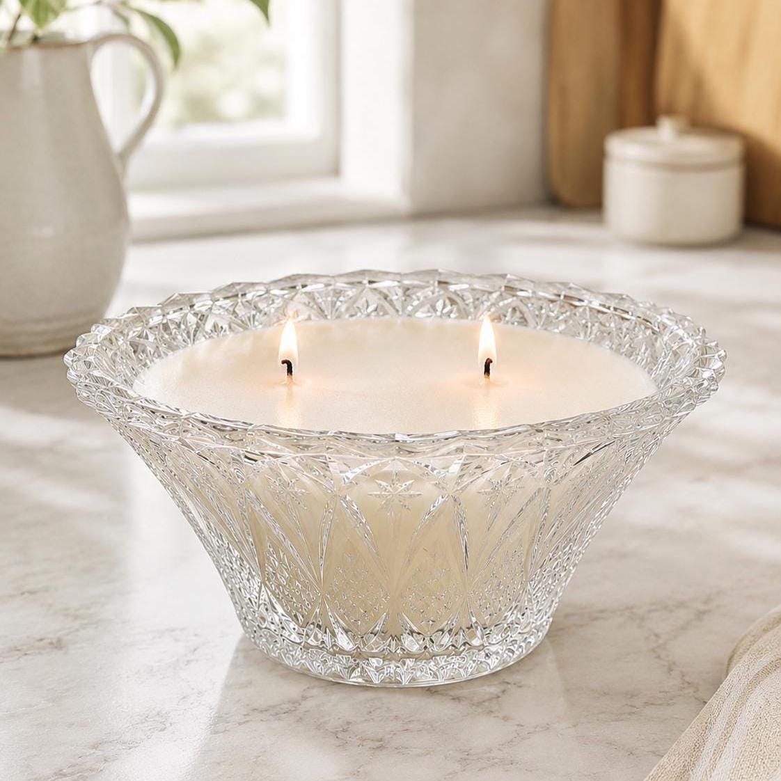 Scented Candle in Vintage Candy Dish, Mid-Century Decor