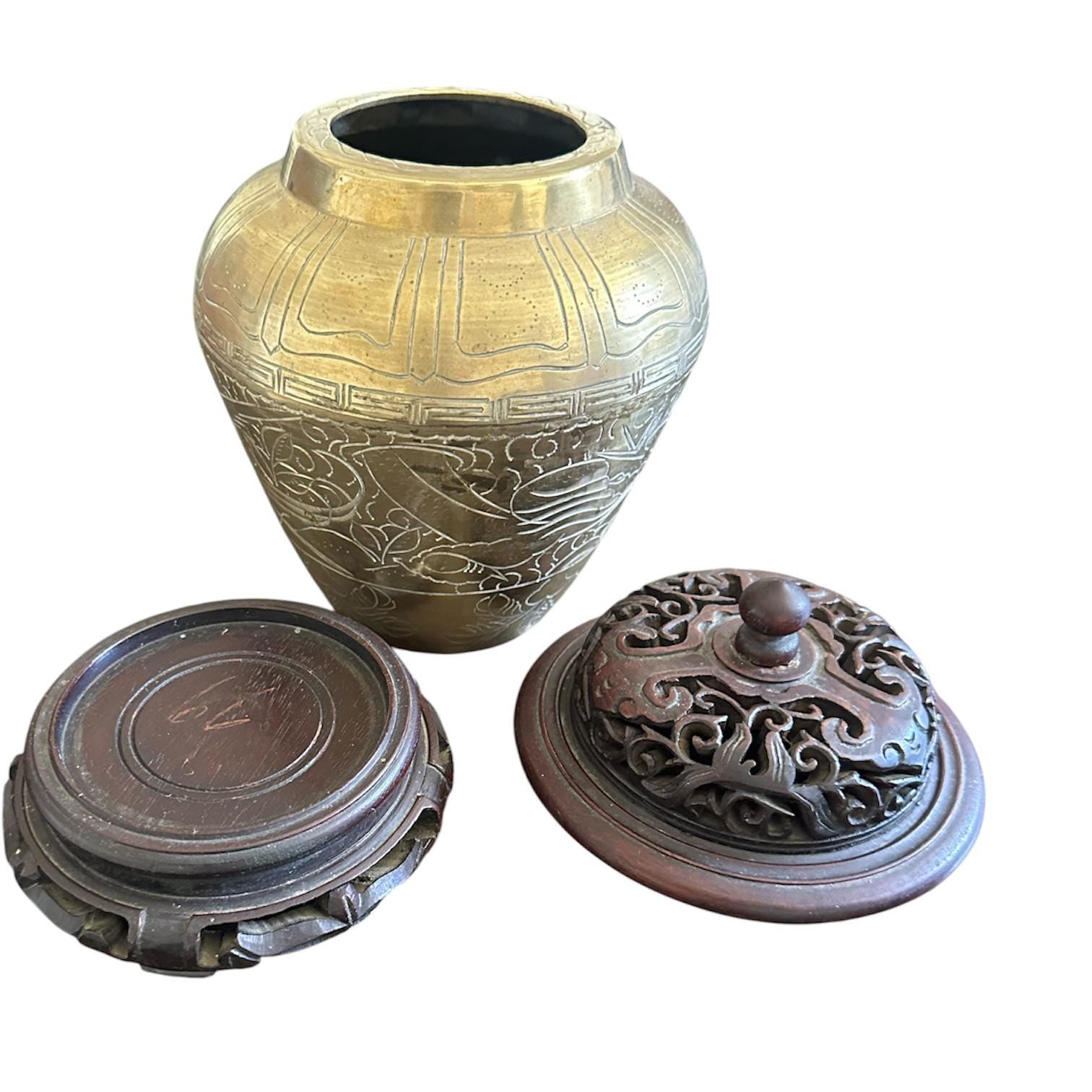 Vintage Chinese Solid Brass Urn Vase, Engraved Dragon Bird Floral Design, Collectible Gift