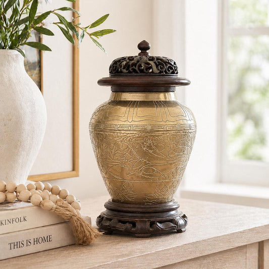 Vintage Chinese Brass Vase/Urn with etching of flowers, bird, and dragon.