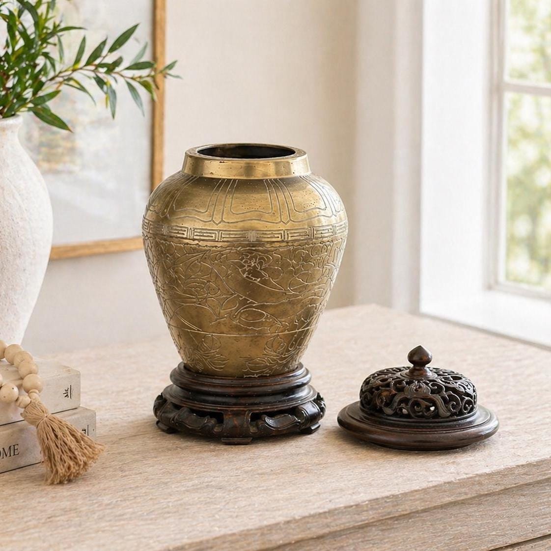 Vintage Chinese Solid Brass Urn Vase, Engraved Dragon Bird Floral Design, Collectible Gift