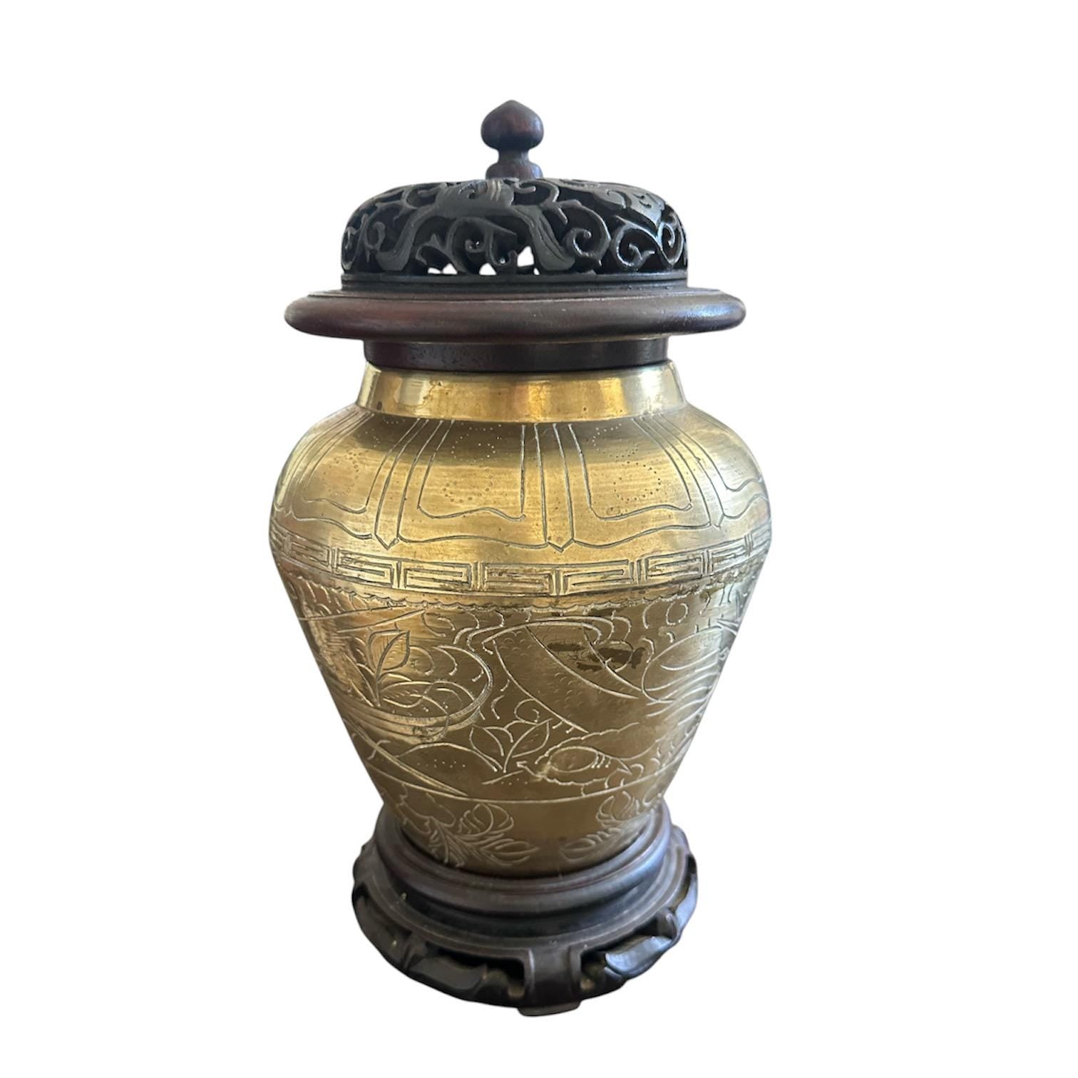 Vintage Chinese Solid Brass Urn Vase, Engraved Dragon Bird Floral Design, Collectible Gift