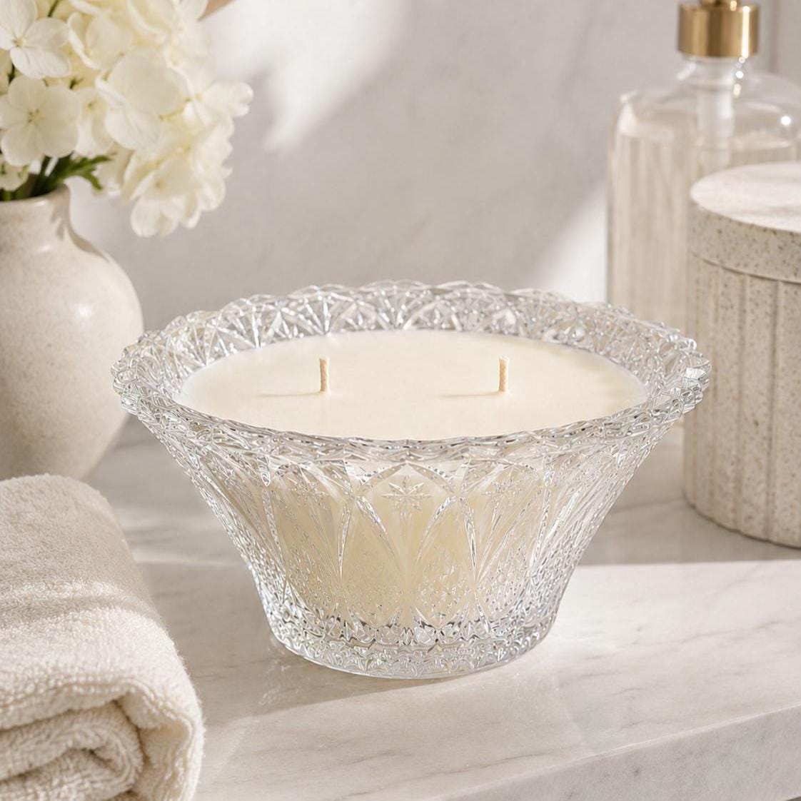Scented Candle in Vintage Candy Dish, Mid-Century Decor