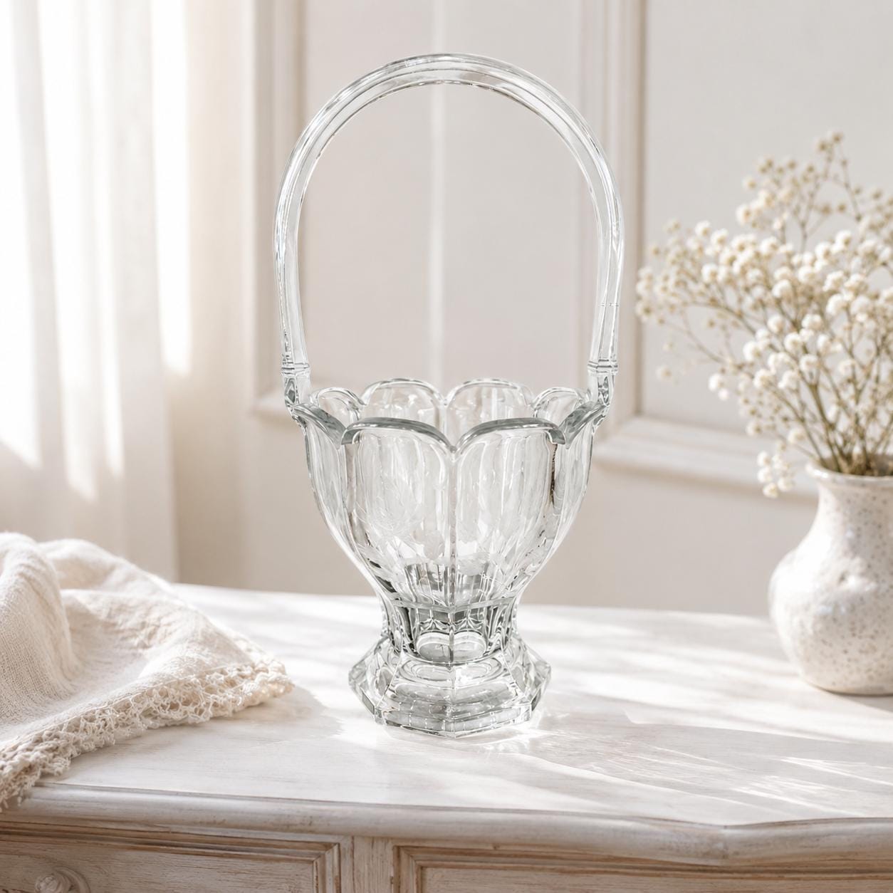 Vintage Heisey Crystal Bridal Basket: 1920s Etched Flower Design