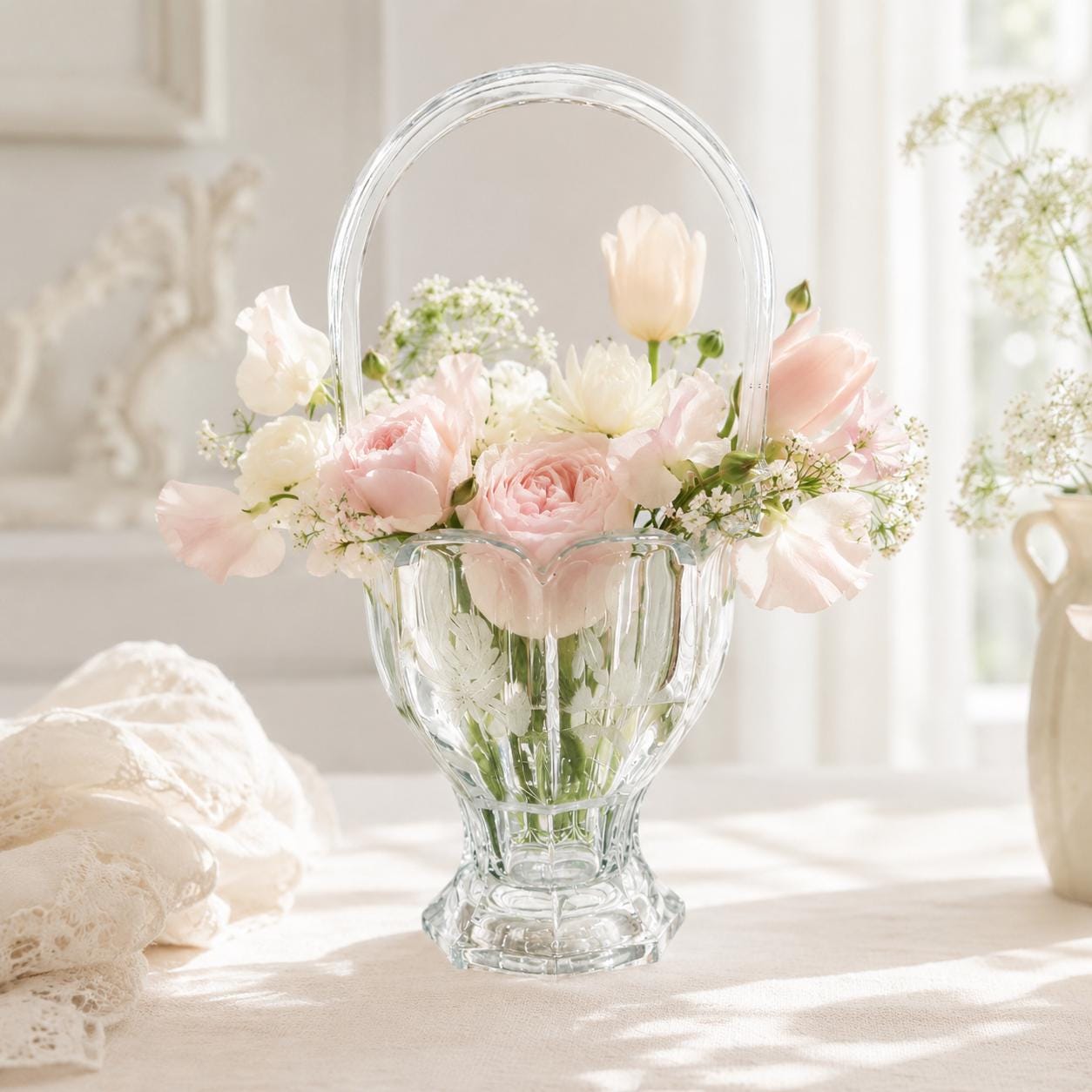 Vintage Heisey Crystal Bridal Basket: 1920s Etched Flower Design