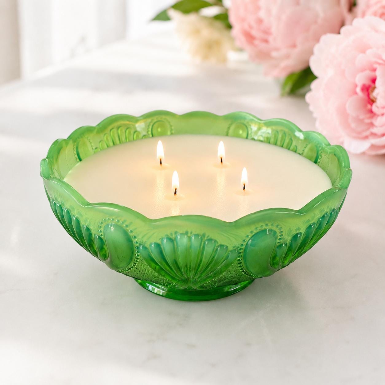 Antique Green Opalescent Glass Candle, Fall Birthday Gift for Her