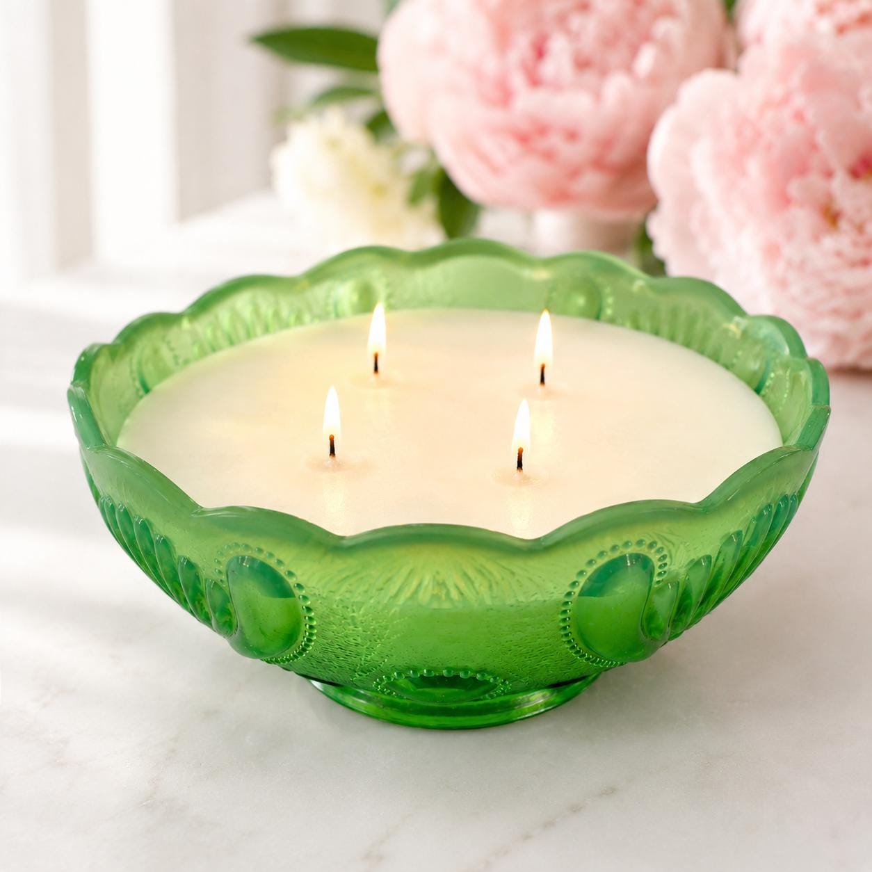 Antique Green Opalescent Glass Candle, Fall Birthday Gift for Her