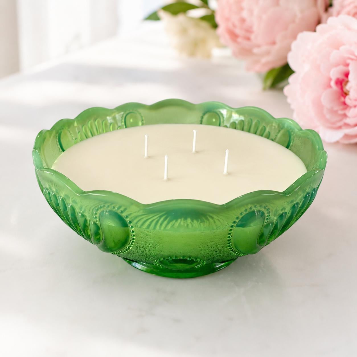 Antique Green Opalescent Glass Candle, Fall Birthday Gift for Her