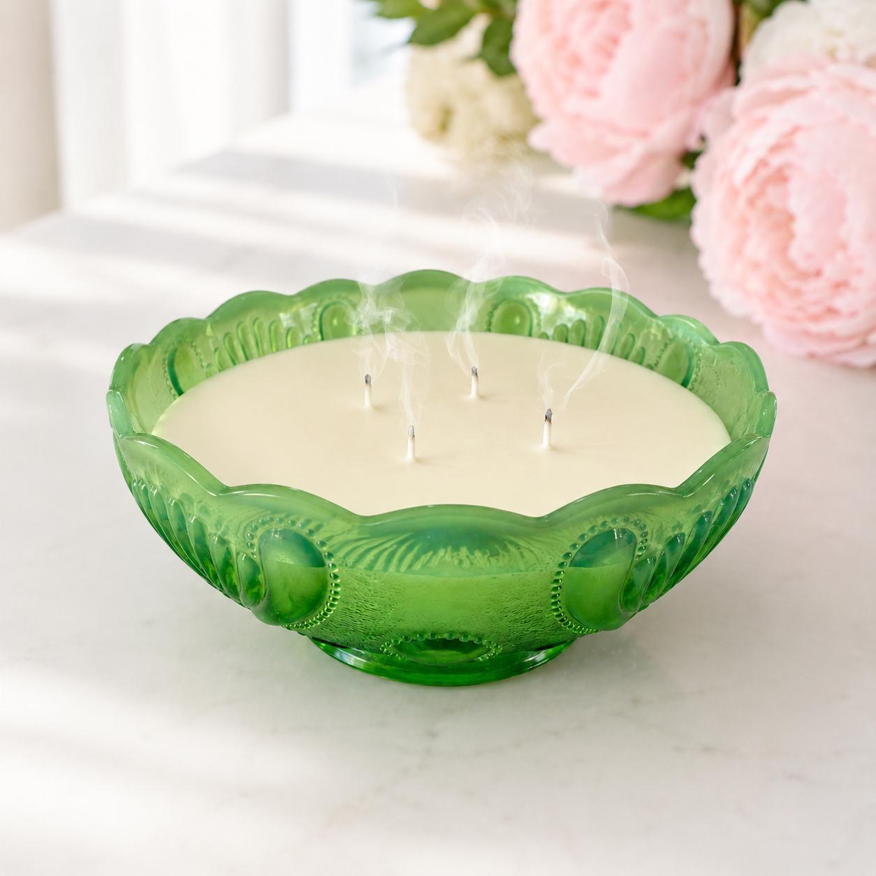 Antique Green Opalescent Glass Candle, Fall Birthday Gift for Her