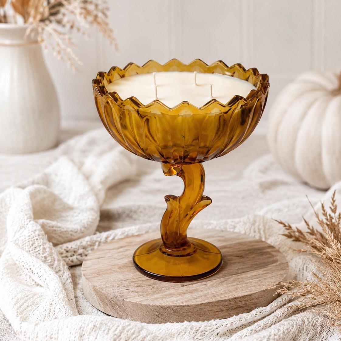 Vintage Amber Glass Candle, Lotus Blossom Compote, Cozy Home Decor Gift