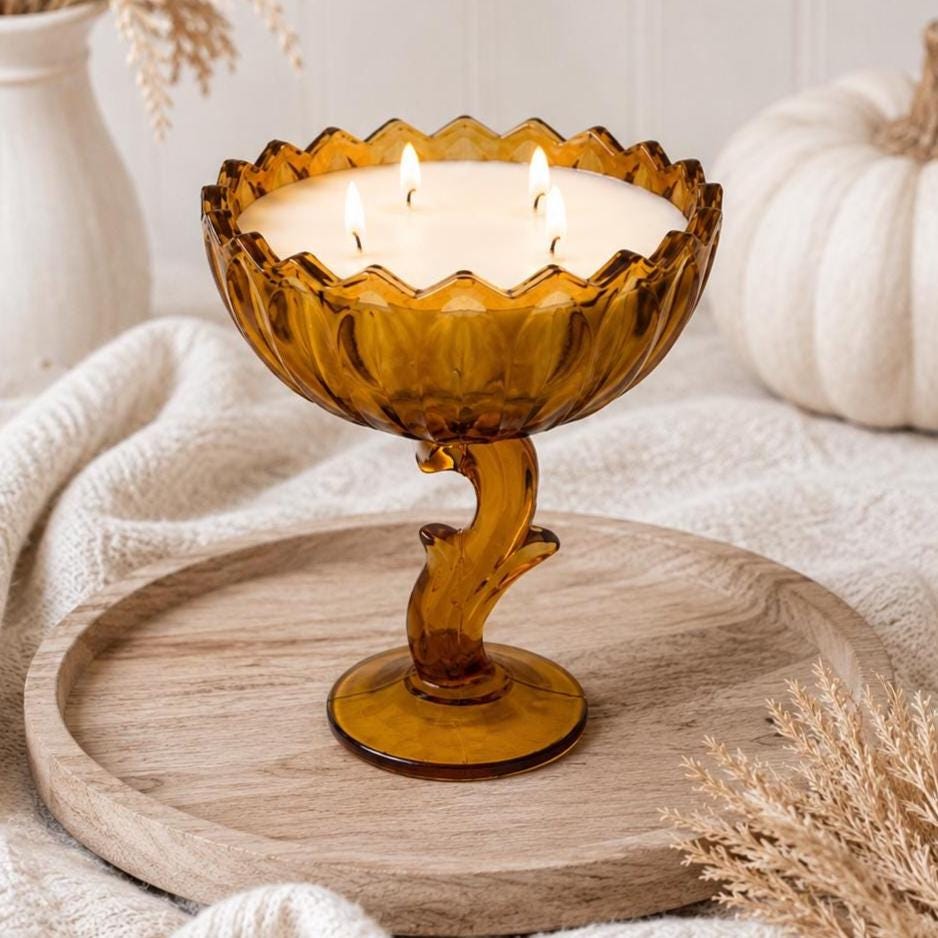Vintage Amber Glass Candle, Lotus Blossom Compote, Cozy Home Decor Gift