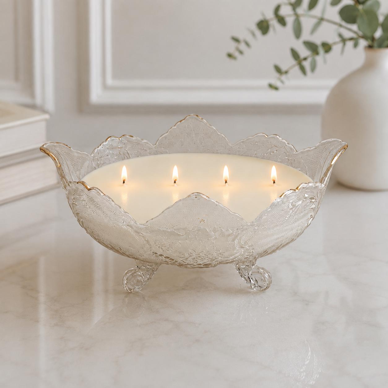 Fall Candle in Vintage Glass Fruit Bowl, Elegant Hostess Gift