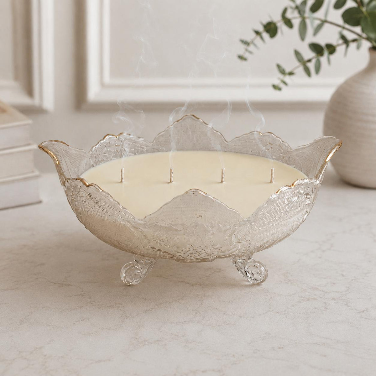 Fall Candle in Vintage Glass Fruit Bowl, Elegant Hostess Gift