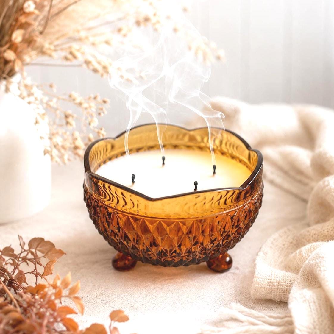 Fall Vintage Amber Glass Candle, Housewarming Gift for Her