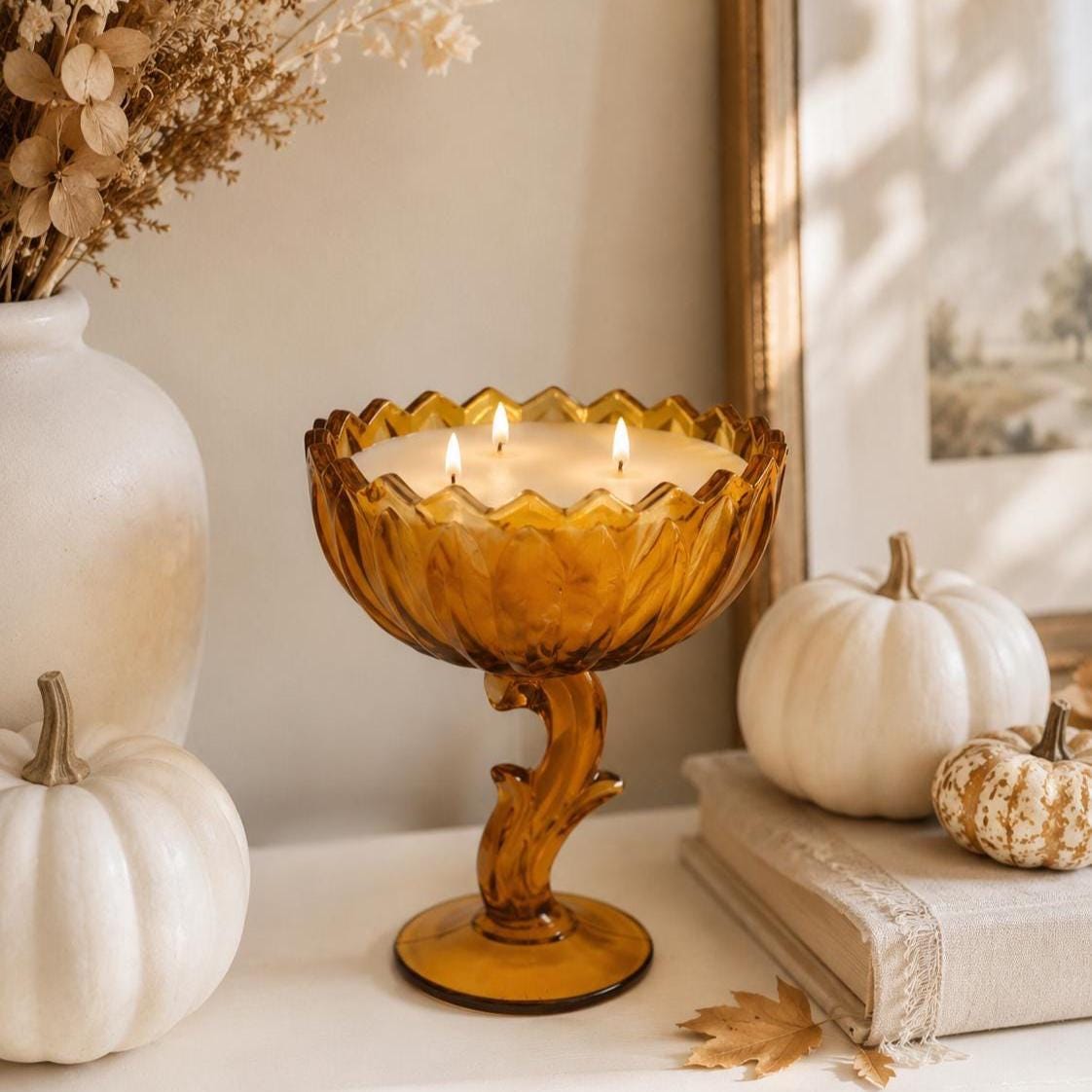 Vintage Amber Glass Candle, Lotus Blossom Compote, Cozy Home Decor Gift