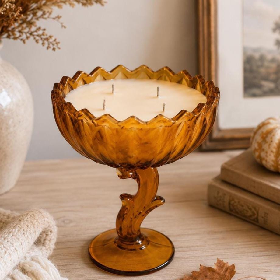 Vintage Amber Glass Candle, Lotus Blossom Compote, Cozy Home Decor Gift