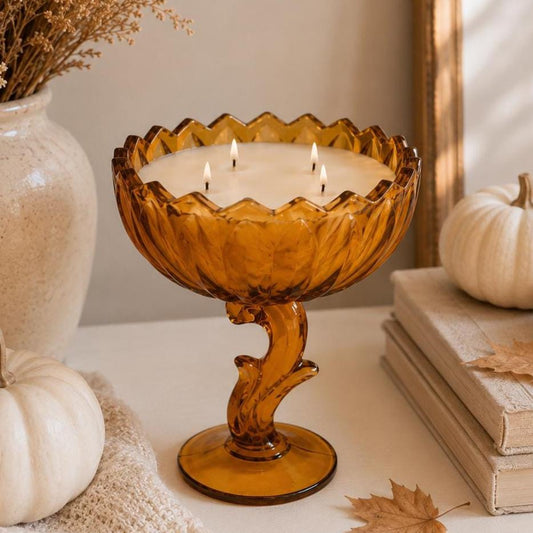 Vintage Amber Glass Candle, Lotus Blossom Compote, Cozy Home Decor Gift