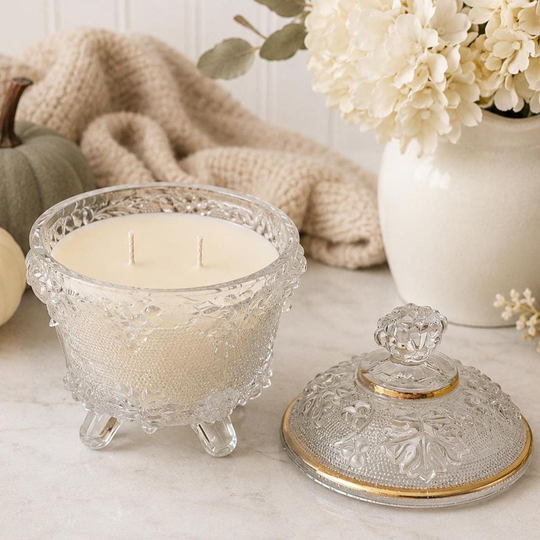 Vintage Covered Glass Candle, Fall Home Decor Gift