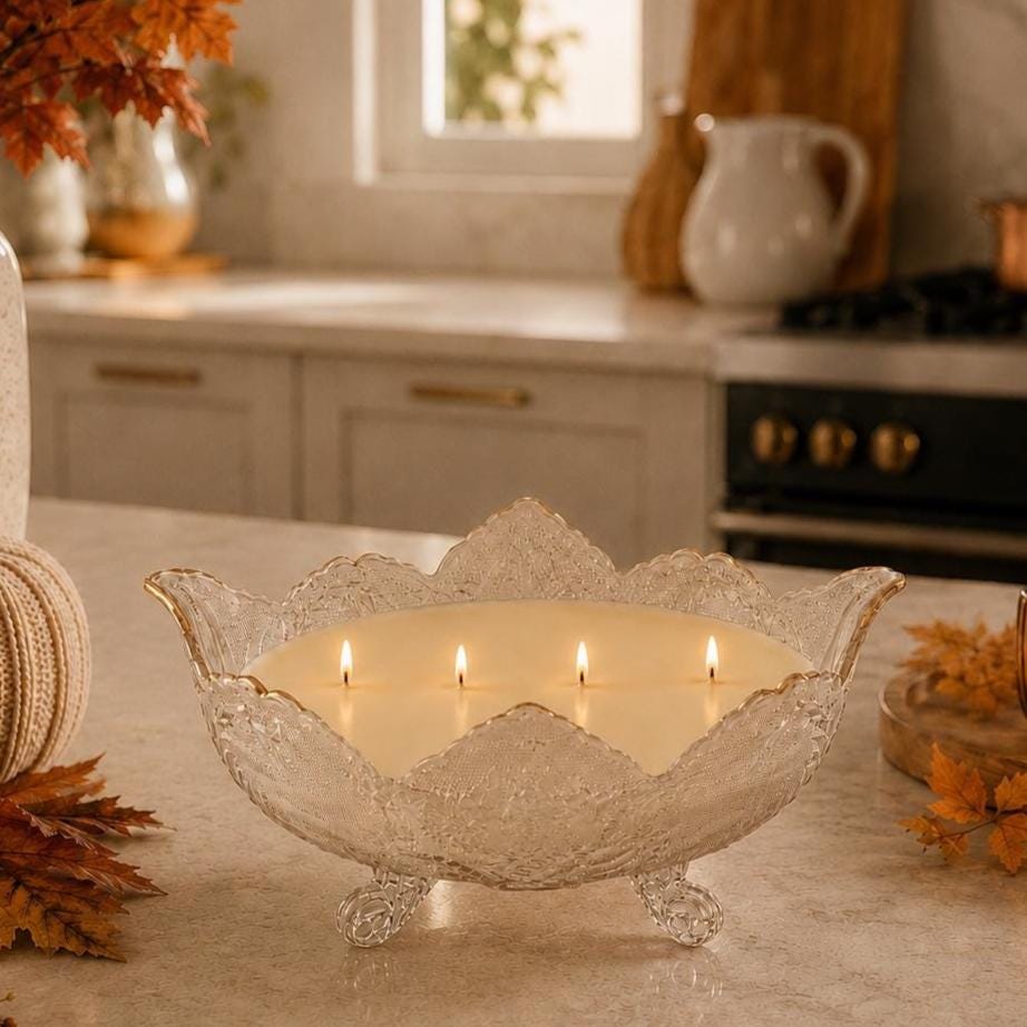 Fall Candle in Vintage Glass Fruit Bowl, Elegant Hostess Gift