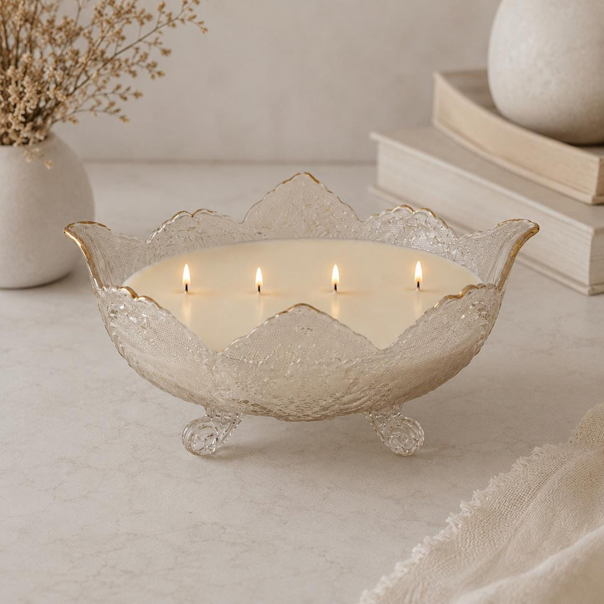 Fall Candle in Vintage Glass Fruit Bowl, Elegant Hostess Gift