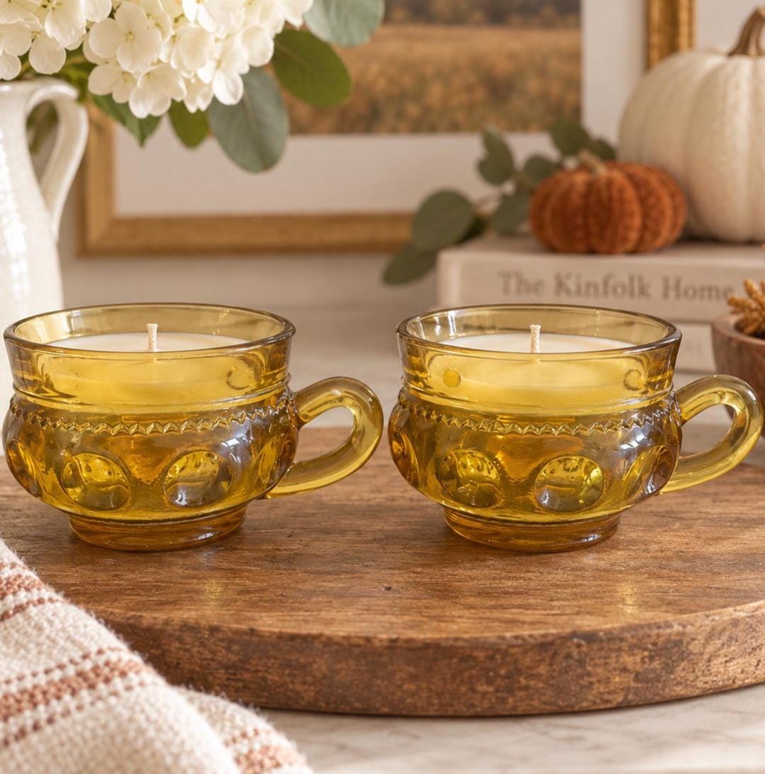 Soy Candle Set in Vintage Amber Glass Cups