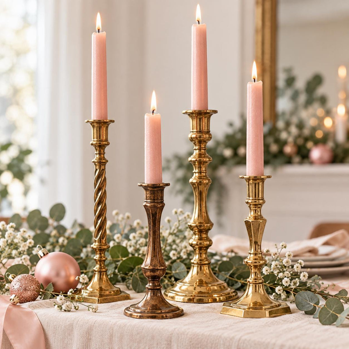 Mismatched Brass Candlesticks, Vintage Candle Holders, Holiday Table Decor