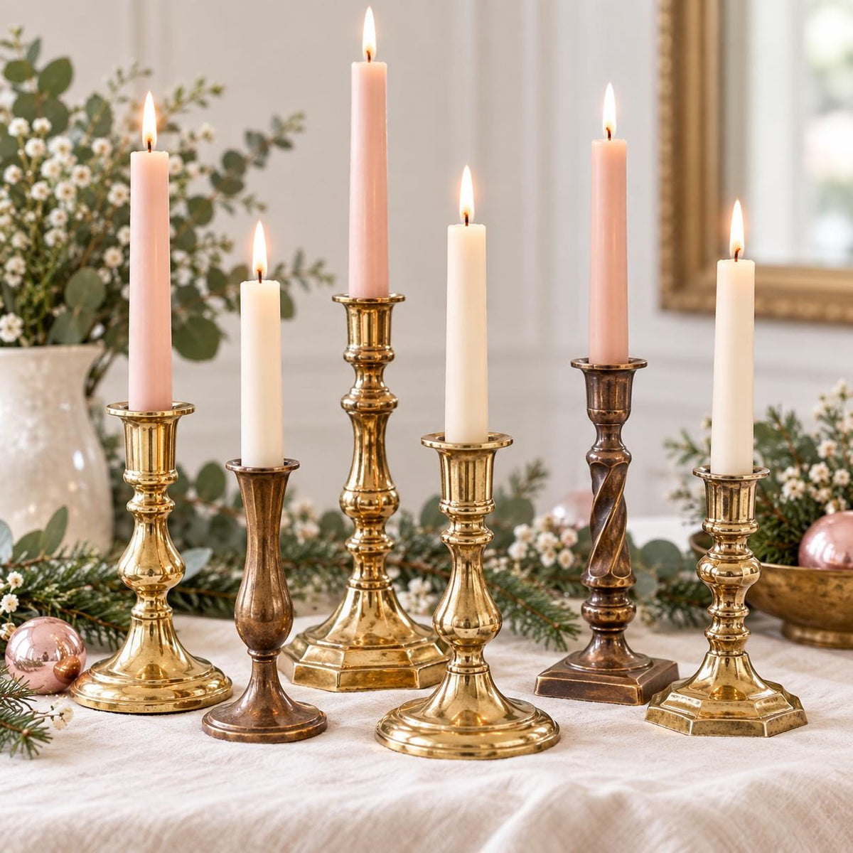 Mismatched Brass Candlesticks, Vintage Candle Holders, Holiday Table Decor